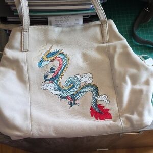 HOBO Beige Tote with Vibrant Dragon Design